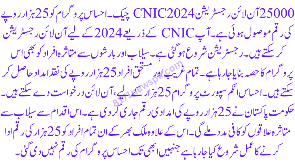 25000 آن لائن رجسٹریشن 2024 CNIC چیک۔ احساس پروگرام کو 25 ہزار روپے کی رقم موصول ہوئی ہے۔