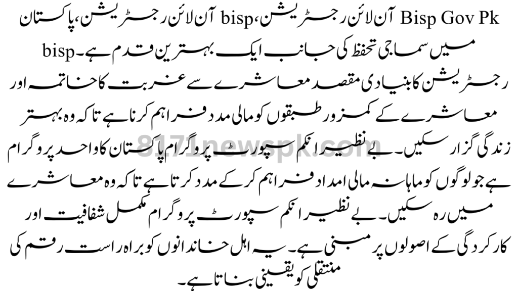 Bisp Gov Pk آن لائن رجسٹریشن، bisp آن لائن رجسٹریشن، پاکستان میں سماجی تحفظ کی جانب ایک بہترین قدم ہے۔