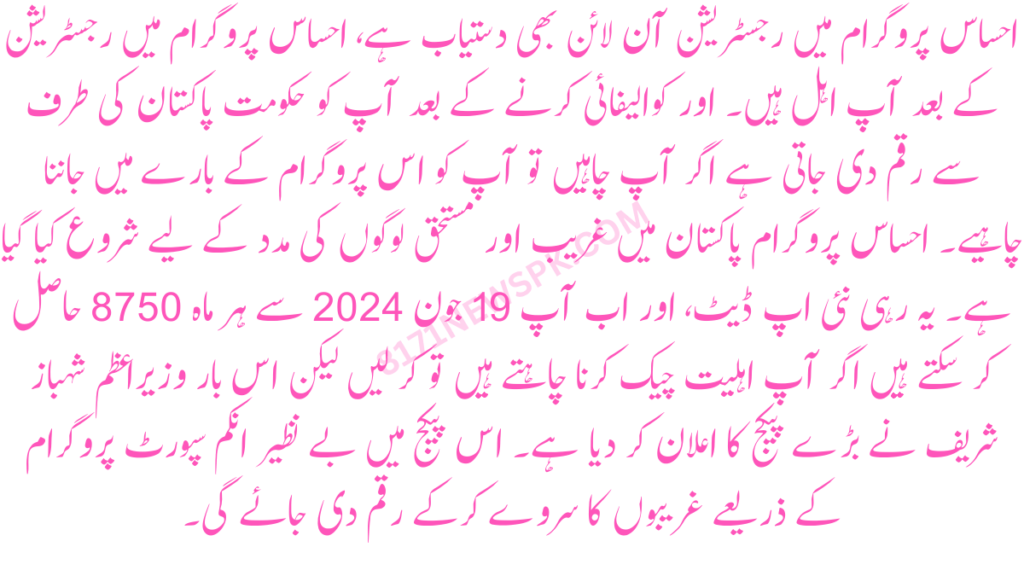 احساس پروگرام میں رجسٹریشن آن لائن بھی دستیاب ہے، احساس پروگرام میں رجسٹریشن کے بعد آپ اہل ہیں