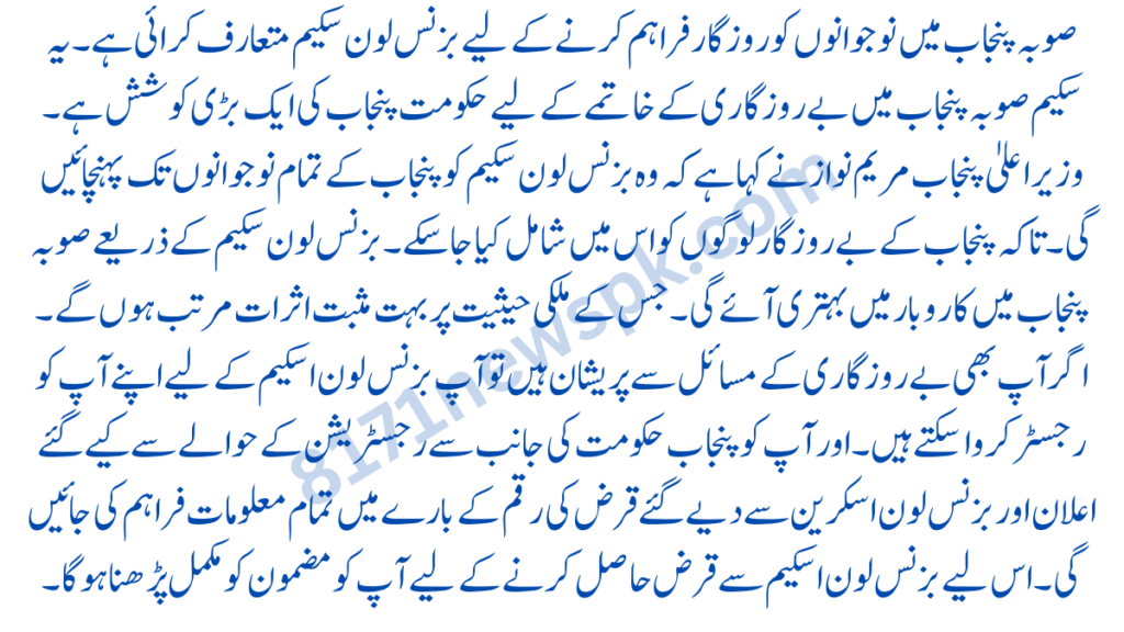 صوبہ پنجاب میں نوجوانوں کو روزگار فراہم کرنے کے لیے بزنس لون سکیم متعارف کرائی گئی ہے۔ یہ سکیم صوبہ پنجاب میں بے روزگاری کے خاتمے کے لیے حکومت پنجاب کی ایک بڑی کوشش ہے