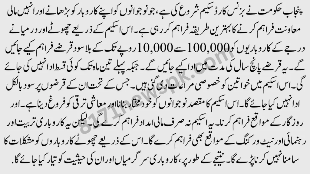 پنجاب حکومت نے بزنس کارڈ سکیم شروع کی ہے، جو نوجوانوں کو اپنے کاروبار کو بڑھانے اور انہیں مالی معاونت فراہم کرنے کا بہترین طریقہ فراہم کر رہی ہے